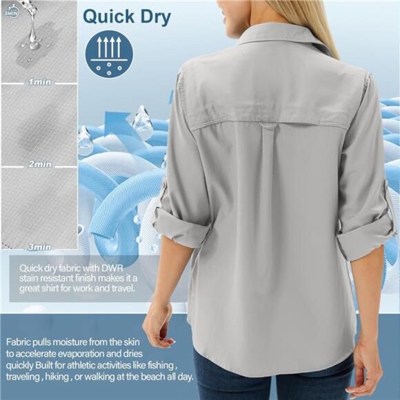 Womens Safari Shirts Long Sleeve UV Protection Hiking Fishing UPF - Picture 3 of 7